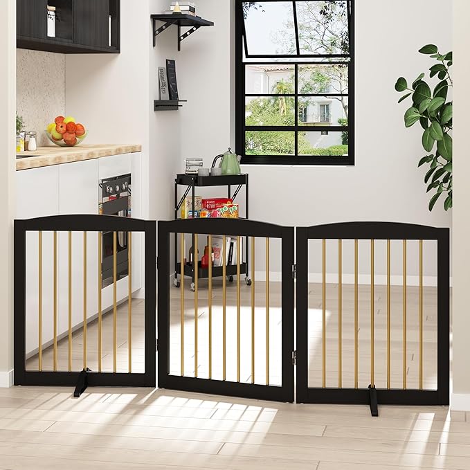 PUPETPO Freestanding Pet Gate for Dogs, Foldable Wooden Dog Gate for House, Indoor Dog Gate for Doorways, Stairs, Step Over Pet Puppy Safety Fence, Support Feet Included,24" Height 3 Panels,Black&Gold