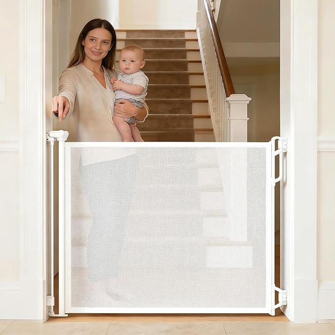 SPACEANY Retractable Safety Baby Gate or Mesh Dog Gate,Durable Portable Mesh Retractable Gate,Easy to Use for Stairs, Doorways, Hallways, Indoor, Outdoor, 33.5" Tall, Up to 45" Wide, White