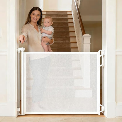 SPACEANY Retractable Safety Baby Gate or Mesh Dog Gate,Durable Portable Mesh Retractable Gate,Easy to Use for Stairs, Doorways, Hallways, Indoor, Outdoor, 33.5" Tall, Up to 45" Wide, White
