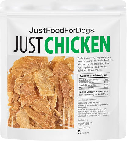JustFoodForDogs Single Ingredient Healthy Dog Treats and Dog Snacks, Jerky Treats, Human Grade, Preservative and Grain Free, Rawhide Free Chews, Low Calorie Treat - Chicken Breast, 2.5 oz Pack of 4