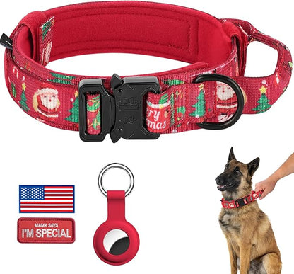 DAGANXI Christmas Tactical Dog Collar, Adjustable Military Training Nylon Dog Collar with Control Handle and Metal Buckle for Medium and Large Dogs, with Patches and Airtags Case (XL, Christmas red)