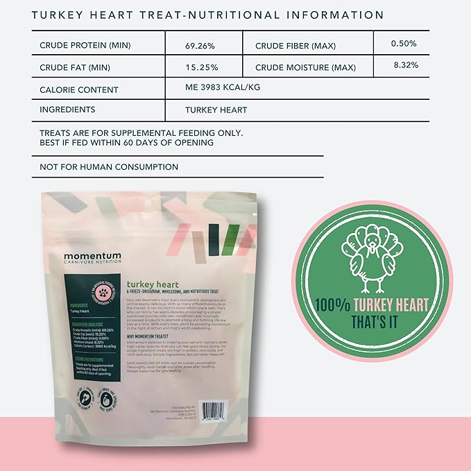 Momentum Carnivore Nutrition Freeze-Dried Turkey Heart Dog Treats & Cat Treats – Single-Ingredient, High-Protein, Grain-Free, Lean & Easily Digestible – Made in USA – 3 oz Bag