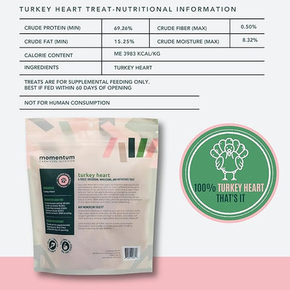 Momentum Carnivore Nutrition Freeze-Dried Turkey Heart Dog Treats & Cat Treats – Single-Ingredient, High-Protein, Grain-Free, Lean & Easily Digestible – Made in USA – 3 oz Bag