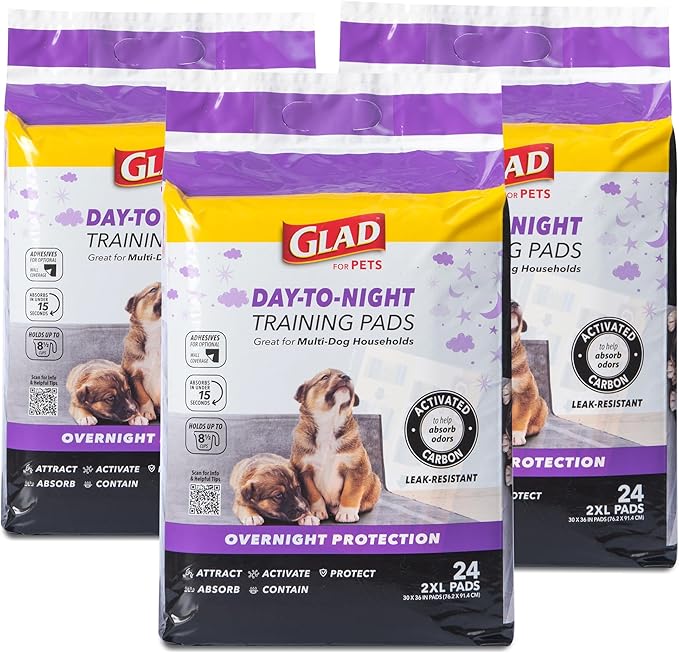 Glad for Pets Day to Night Activated Carbon Puppy Training Pads, Odor Control Disposable Dog Pads with Adhesive and Wall Protection, Leak Proof and Super Absorbent, 30 x 36 Inch, 24 Count - 3 Pack