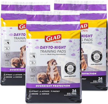 Glad for Pets Day to Night Activated Carbon Puppy Training Pads, Odor Control Disposable Dog Pads with Adhesive and Wall Protection, Leak Proof and Super Absorbent, 30 x 36 Inch, 24 Count - 3 Pack
