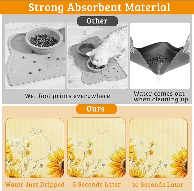 Yellow Floral Feeding Mat,Sunflower Absorbent Quick-Dry Cat Dog Food and Water Bowl Mats,Non-Slip Rubber Backing Mat,Cat Dog Accessories Supplies 16" x 24"