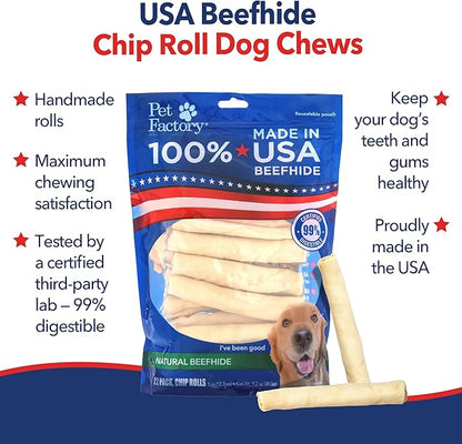 Pet Factory 100% Made in USA Beefhide Chip Rolls Dog Rawhide Chews,Thick,Dog Chews Long Lasting from American Cattle,Dog-Chew Bones,5 Inches,22 Count (Pack of 2)