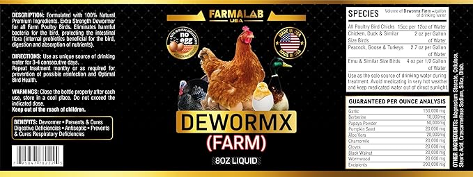 Farmalab Natural Dewormer No Withdraw Hens, Ducks, Roosters, Turkeys, Goose, Parakeets, Cockatiels, Lovebirds, Finches, Quakers, Pigeons, Palomas, Buchones, All Baby Chicks (8oz, Poultry Farm)