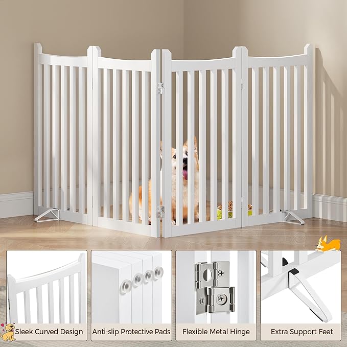 Yaheetech 36" H Extra Tall Freestanding Pet Gate 4-Panel Wooden Dog Fence with 2 Support Feet Folding Dog Gate for Indoor, Stairs, Doorways, Halls, Kitchen Wooden Pet Barrier White, 79.5" L x 36" H