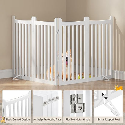 Yaheetech 36" H Extra Tall Freestanding Pet Gate 4-Panel Wooden Dog Fence with 2 Support Feet Folding Dog Gate for Indoor, Stairs, Doorways, Halls, Kitchen Wooden Pet Barrier White, 79.5" L x 36" H