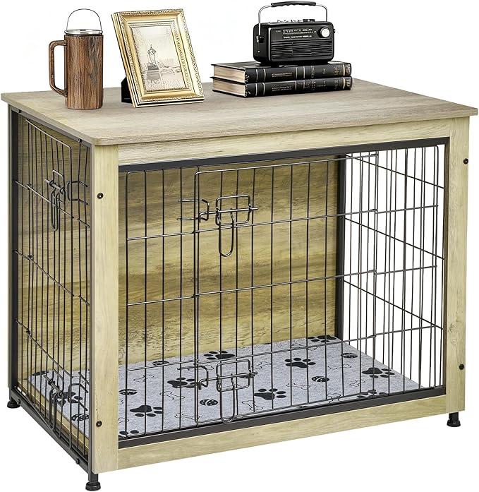 SHAWKEN Wooden & Metal Medium Dog Crate Furniture Indoor with Soft Cushion, Double-Door Dog House, 31.5" L Dog Kennel (Oak Grey, Medium)