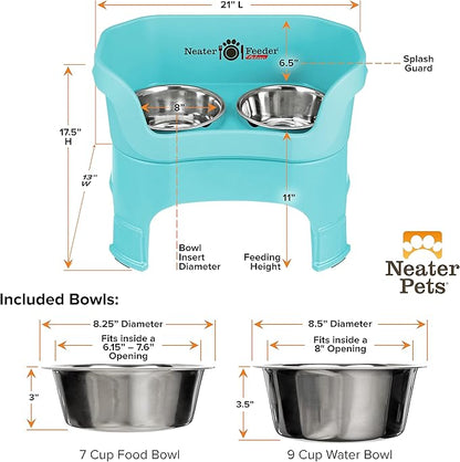 Neater Feeder Deluxe Mess-Proof Elevated Dog Bowls for Large Dogs (40+ lbs), 2 Height Adjustable (14.5” & 17.5”) No-Spill Raised Dog Bowl Stand, Stainless Steel Food Bowl Set, Made in USA, Aquamarine