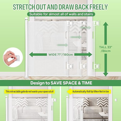 Retractable Baby Gate, Extra Wide Safety Kids or Pets Gate, 33” Tall, Extends to 71” Wide, Mesh Safety Dog Gate for Stairs, Indoor, Outdoor, Doorways, Hallways