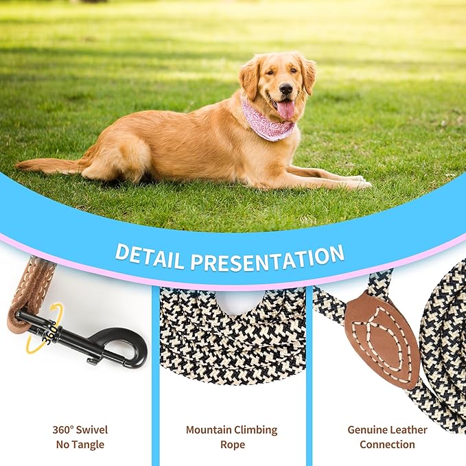Mile High Life Short Leash for Large Dogs, Short Dog Rope Leash with Heavy Duty Metal Sturdy Clasp, Genuine Leather Tailored Connection(Black Khaki, 18 Inch)
