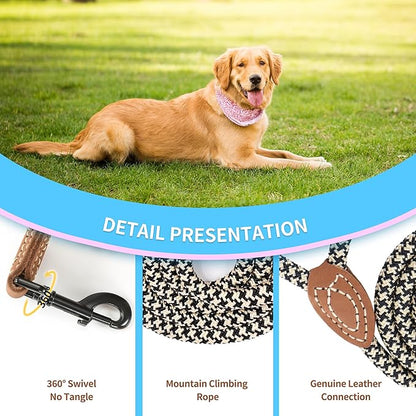 Mile High Life Short Leash for Large Dogs, Short Dog Rope Leash with Heavy Duty Metal Sturdy Clasp, Genuine Leather Tailored Connection(Black Khaki, 18 Inch)