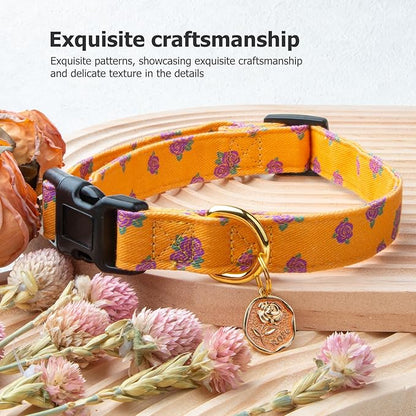 Cotton Handmade Dog Collar Cute and Distinctive Patterns Yellow Rose with Pendant for Girl Boy Dogs Collars L