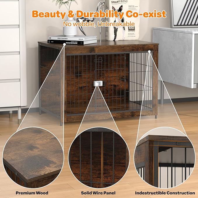 Dog Crate Furniture, Wooden Dog Crate 26in, Decorative Cage with End Table for Dog Indoor Kennel, High Anxiety Dog, Escape-Proof Locks for All Breeds