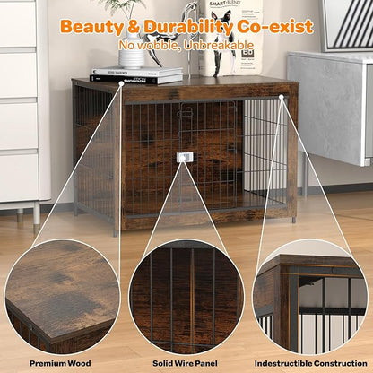 Dog Crate Furniture, Wooden Dog Crate 26in, Decorative Cage with End Table for Dog Indoor Kennel, High Anxiety Dog, Escape-Proof Locks for All Breeds