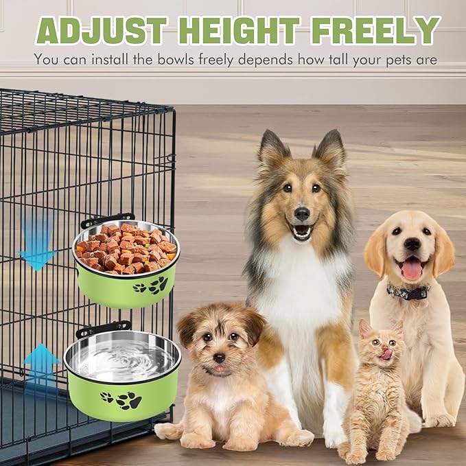 Dog Crate Water Bowl, ShineMe 54oz & 34oz Stainless Steel No Spill Crate Food and Water Bowl, Kennel Bowls Mountable for Medium and Large Dogs, Cats and Pets, Set of 2, Green (7.1x2.9” & 6.2x2.6”)