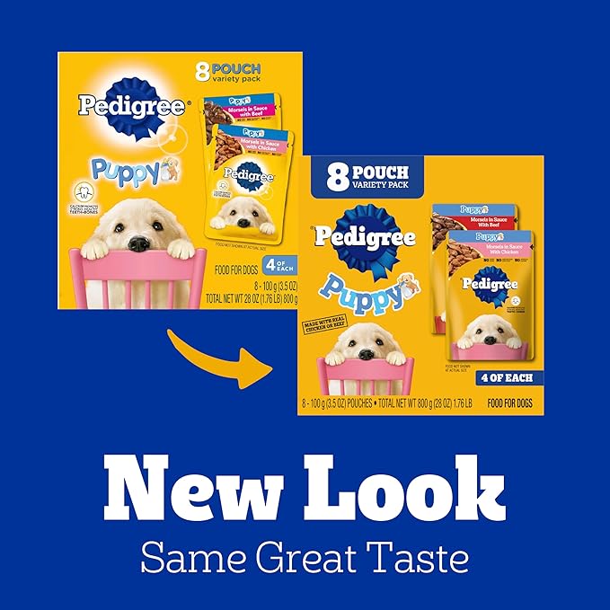 Pedigree Puppy Food Morsels in Sauce, Wet Dog Food Pouches Variety Pack, 3.5 oz. Pouches, 8 Count (Pack of 2)