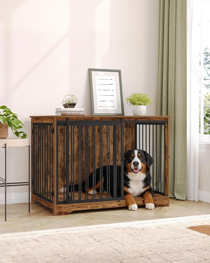 Hzuaneri 43.3" Dog Crate Furniture with Barn Door, Heavy Duty Dog Kennel Indoor with 2 Doors, Wooden Pet Cage End Table for Large Small Medium Dogs, Anti-Chew Anti-Escape, Rustic Brown DFC92301B