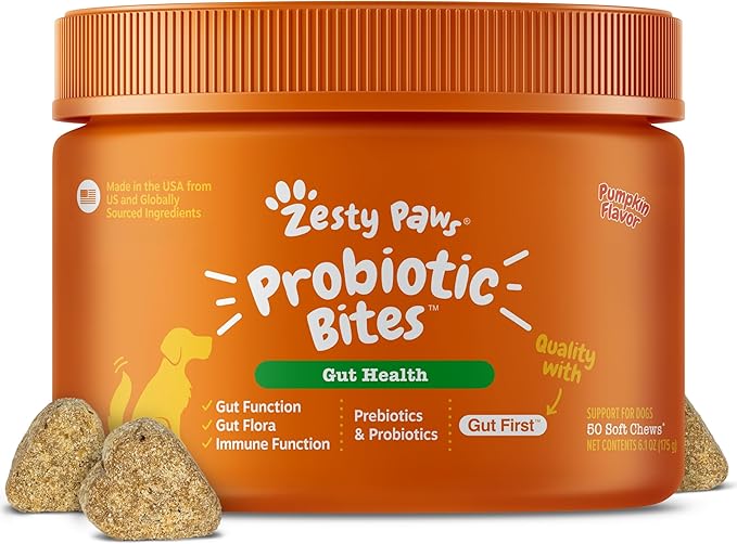 Zesty Paws Probiotics for Dogs, Digestive Enzymes Gut Flora, Digestive Health, Diarrhea & Bowel Support, DE111, Dog Probiotics Soft Chew for Pet Immune System, Chicken, 50 Ct