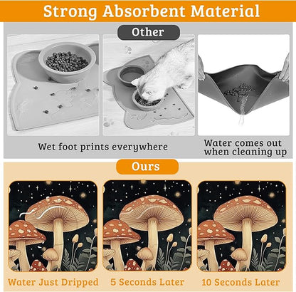 Fantasy Mushroom Dog Cat Food Mat,Butterfly Stars Absorbent Waterproof Placemat for Food and Water Non Slip Rubber Backing Durable Feeding Pad for Clean Floors 12" x 20"