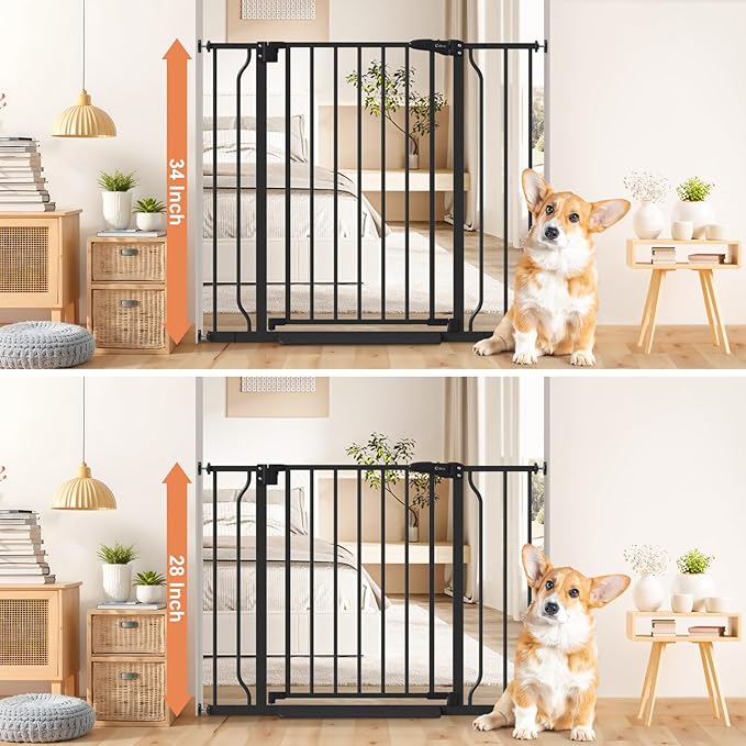 34" Extra Tall Baby Gate for Stairs, Auto Close Stroller Friendly Dog Gate Indoor for Doorways, Pressure Mounted 29"-40" Wide Baby Gate, Easy Walk Through Gate for Children & Pets, Black