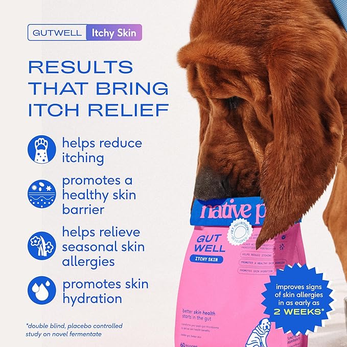 GutWell Itchy Skin - Dog Itching Skin Relief & Seasonal Allergy Itch Relief for Dogs - Promotes Skin Hydration, Elasticity & Healthy Barrier with Triple-biotic Blend, Zinc, & Vitamin E - 60 Scoops
