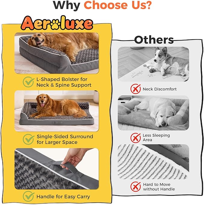 Dog Bed Large Sized Dogs, Orthopedic Dog Bed for Large Dogs, Waterproof Pet Bed with Washable Removable Cover, L-Shaped Pet Couch with Portable Handle 36"x27"x6.5", Dark Grey