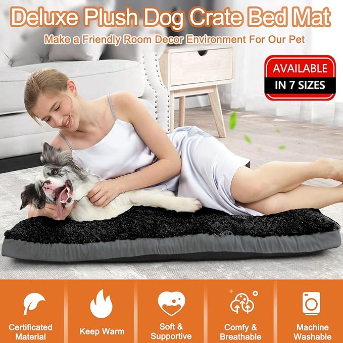 POCBLUE Deluxe Washable Dog Bed for Medium/Large Dogs Dog Crate Mat 35 Inch Comfy Fluffy Kennel Pad Anti-Slip for Dogs Up to 60 lbs, 35" x 23", Black
