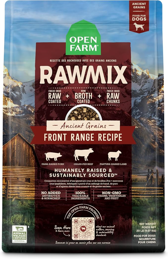Open Farm, RawMix Dry Dog Food with Ancient Grains, Protein-Packed Kibble Coated in Bone Broth with Freeze Dried Raw Chunks, Beef Pork & Lamb, Front Range Recipe, 20lb Bag
