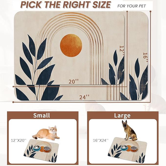 Sun Boho Leaf Dog Cat Food Mat,Absorbent Pet Feeding Mat for Food and Water,Non-Slip Dog Bowl Mats Floor Protector 16"x24"