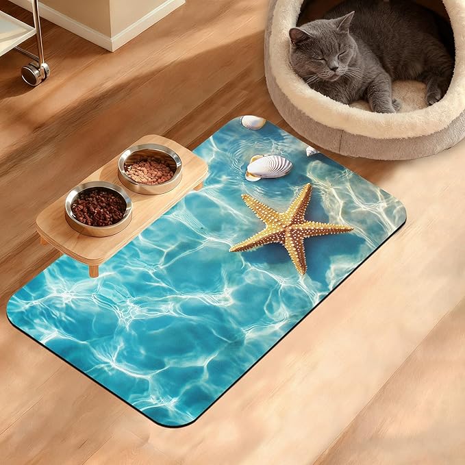 Starfish Shells Dog Cat Food Mat,Sea Beach Absorbent Waterproof Placemat for Food and Water Non Slip Rubber Backing Durable Feeding Pad for Clean Floors 12" x 20"