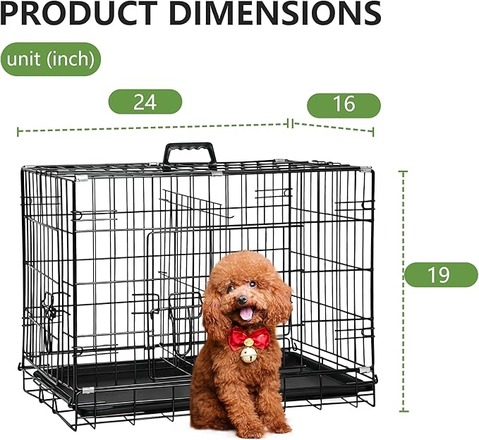 FDW 24-Inch Dog Crate Pet Cage with Metal Folding Design Plastic Tray Indoor Outdoor Dog Kennel Cage for Small Dogs,Dark Black