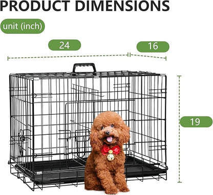 FDW 24-Inch Dog Crate Pet Cage with Metal Folding Design Plastic Tray Indoor Outdoor Dog Kennel Cage for Small Dogs,Dark Black