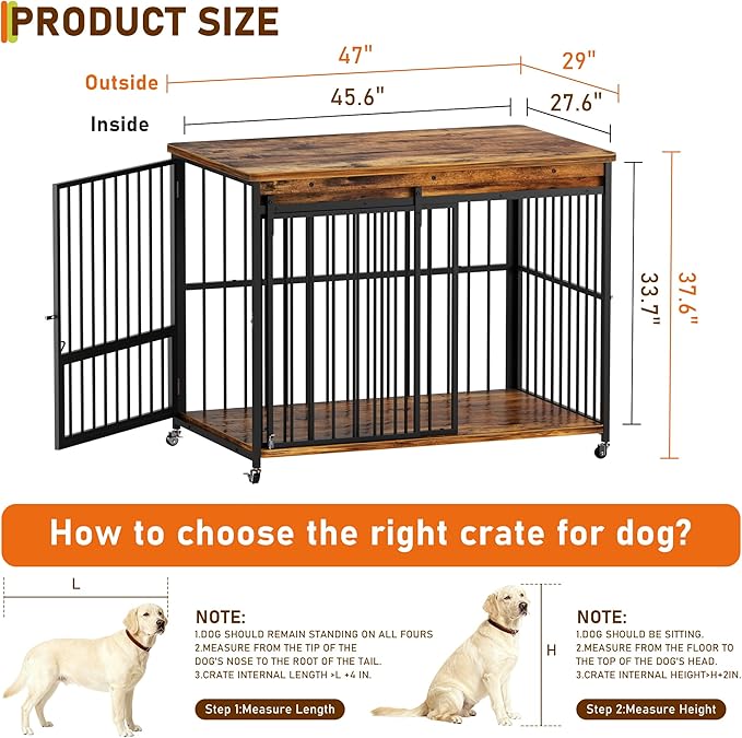 Cofiyard Dog Crate Furniture, 48’’ Wooden Dog Kennel Indoor with Sliding Front Door, Multi-Side Openings & Feeding Window Pet Cage House as TV Stand(Brown)