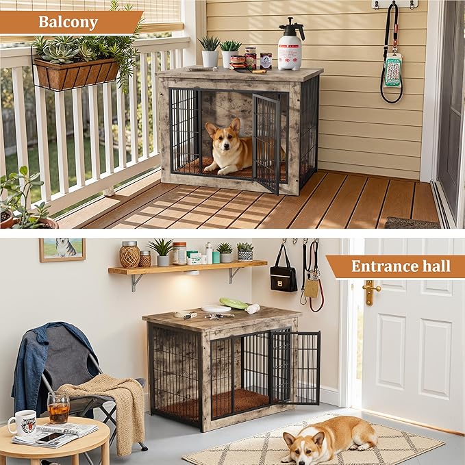 Greesum Modern Dog Crate Furniture That Doubles as a Side Table - Sturdy Wooden Kennel with Double Door Design, Equipped with Soft Cushion & Chew-Resistant Resign, Suitable for Dogs