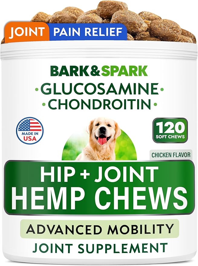 Hip&Joint Hemp Chews for Dogs - Max Strength Glucosamine Chondroitin for Dogs - Dog Joint Pain Relief Treats - Mobility & Flexibility Support - Advanced Joint Care - MSM - Made in USA (120Ct)