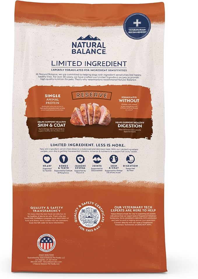 Natural Balance Limited Ingredient Adult Dry Dog Food with Healthy Grains, Reserve Duck & Brown Rice Recipe, 12 Pound (Pack of 1)