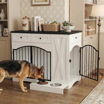 43.3" Furniture Style Dog Crate with 3 Storage Drawers, Heavy Duty Wood Pet Kennel with Removable Feeder, Modern End Table Dog House with Dual Doors for Large Dogs (41-70 lbs) (Black)