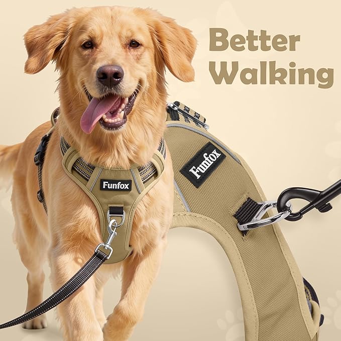 Funfox Dog Harness No Pull, Adjustable Pet Vest Harness, Super Soft Material with Vertical Handle Easy Control, Reflective Night Walking, 2 Leash Clips for Large Dogs, Brown, L