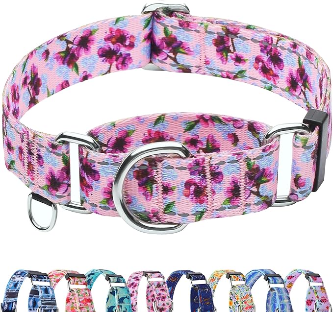 Reflective Martingale Collar for Dogs Nylon Training Collar with No Buckle Cute Floral No Pull Dog Collar for Large Dogs（Purple Flower，L）