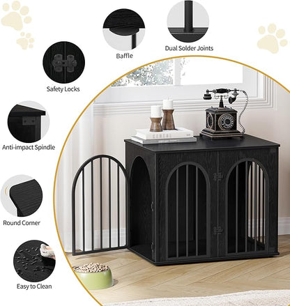 Hzuaneri 26.8'' Wooden Dog Crate Furniture, Indoor Dog Kennel Dogs Cage for Small Dogs, Heavy Duty Dog Crates Decorative Pet House End Side Table TV Stand, Black DFC85504B