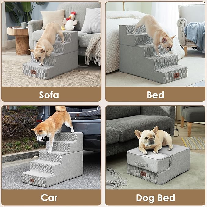 EHEYCIGA Dog Stairs for Bed 18" H, 4-Step Dog Steps for High Bed, Pet Steps for Small Dogs and Cats, Non-Slip Balanced Pet Ramp Indoor, Light Grey