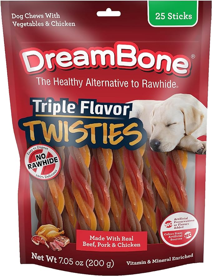 Dreambone Triple Flavor Twisties, 25 Count, Rawhide-Free Dog Chews Made with Real Beef, Pork & Chicken, 7.05 Ounce (Pack of 1)