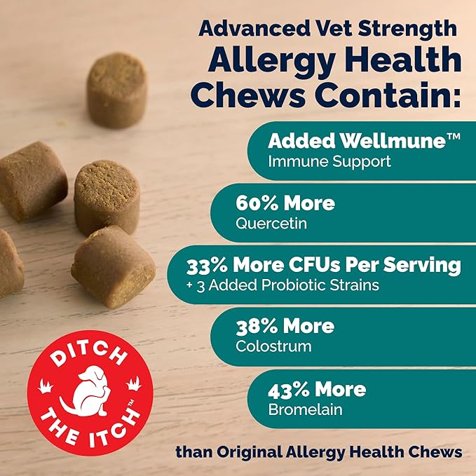 Vetnique DermaBliss Dog Allergy Chews for Seasonal Allergy Itch Relief, Skin & Gut Health with Probiotics and Omega 3 Blend - Advanced or Regular Strength (120ct, Advanced Strength Chews)