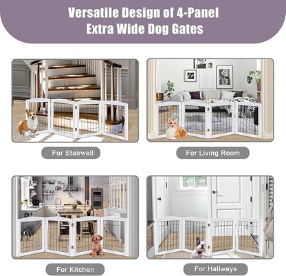 LZRS 4-Panel Extra-Wide Wooden Freestanding Dog Gate: Foldable Solid Wood and Steel Wire Chew Resistant Safety Barrier for Doorways, Stairs, and Large Open Spaces Indoor Use, White
