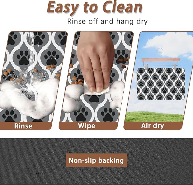 Gray Paw Print Geometric Dog Cat Food Mat,Absorbent Pet Feeding Mat for Food and Water,Non-Slip Dog Bowl Mats Floor Protector 12"x20"