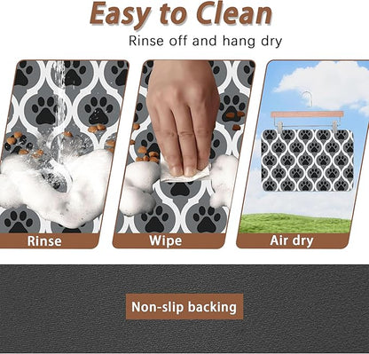 Gray Paw Print Geometric Dog Cat Food Mat,Absorbent Pet Feeding Mat for Food and Water,Non-Slip Dog Bowl Mats Floor Protector 12"x20"